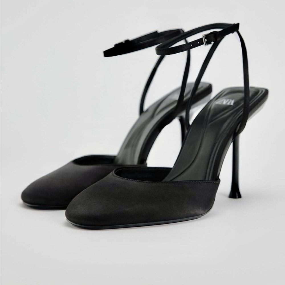 Zara NWT black satin fabric round toe ankle strap side buckle closed toe heels - Picture 1 of 8